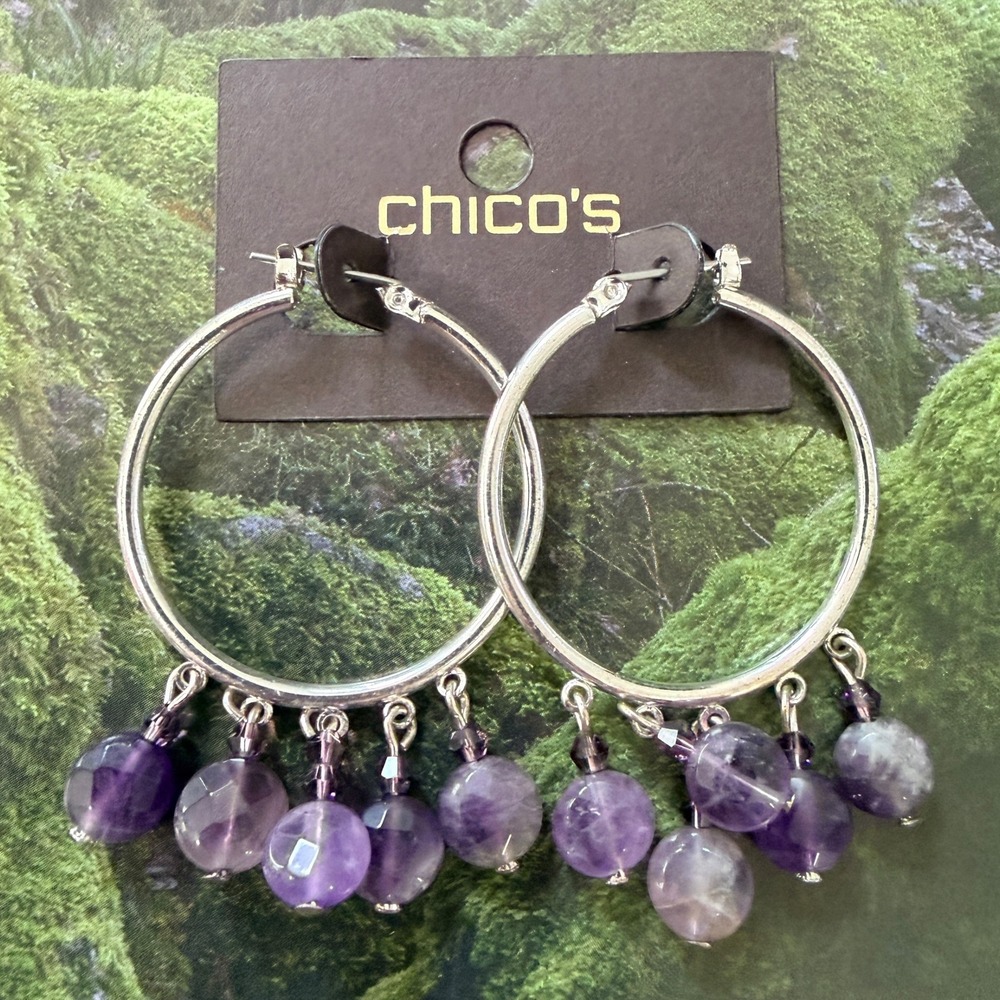 Chico's Hoop Earrings Y2K Silver Tone Purple Beaded 1.4" Dangle Locking Earwire